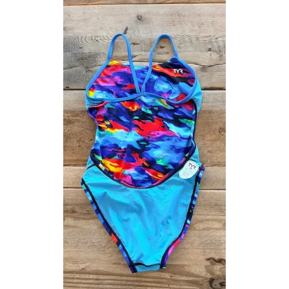 TYR Bright Multi Wave SIZE 28 Durafast Elite Cutout One Piece Swimsuit